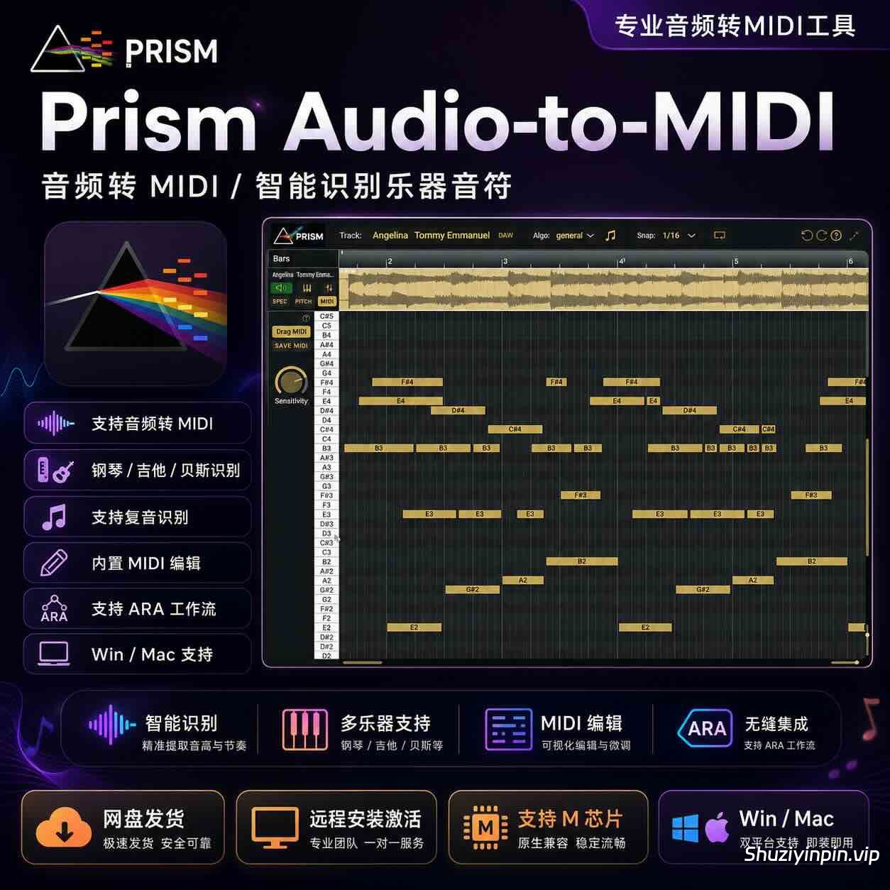 Prism Audio-to-MIDI MAC 将吉他、钢琴与乐器录音转换为可编辑 MIDI